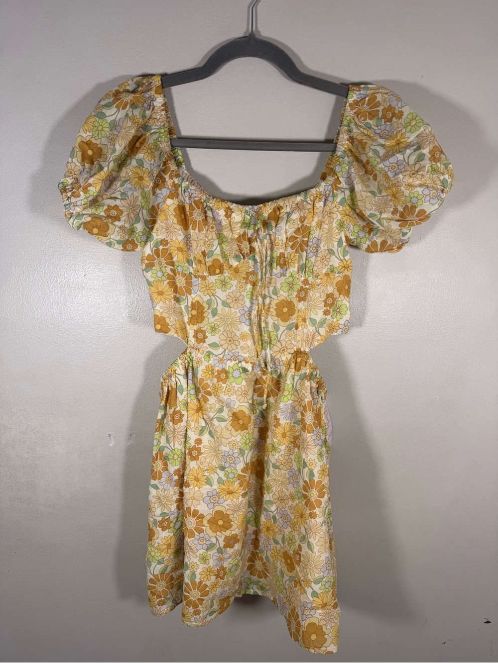 Floral Puff-Sleeve Yellow Mini Dress